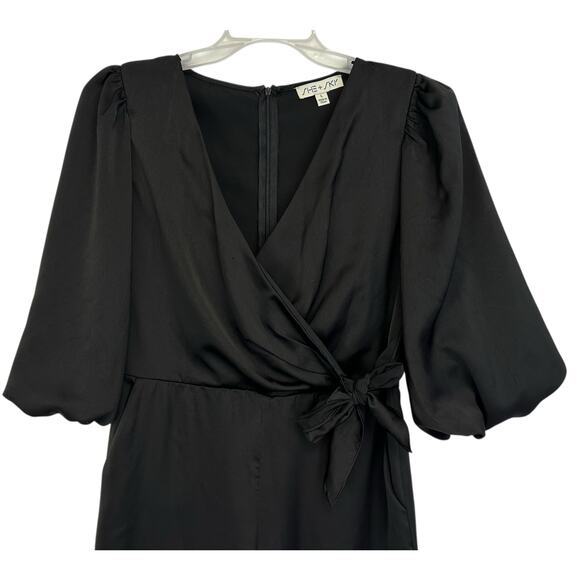 She + Sky Satin Wide Leg Jumpsuit Black Faux-Wrap Balloon Sleeve Size L - Picture 3 of 12